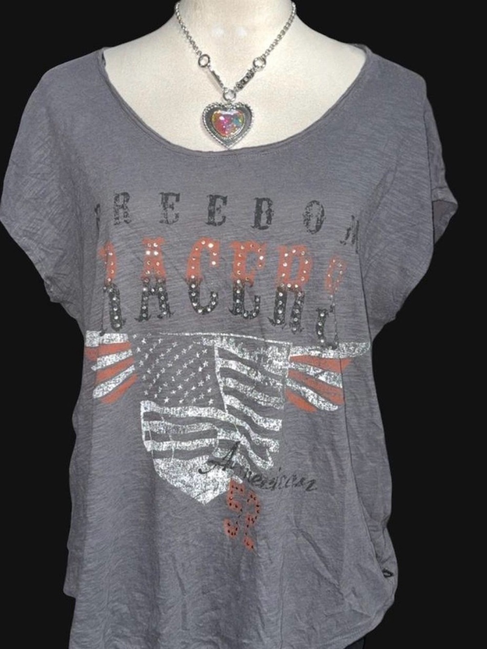Rock & Republic Gray Graphic Scoop Neck Tee with Stud Accents